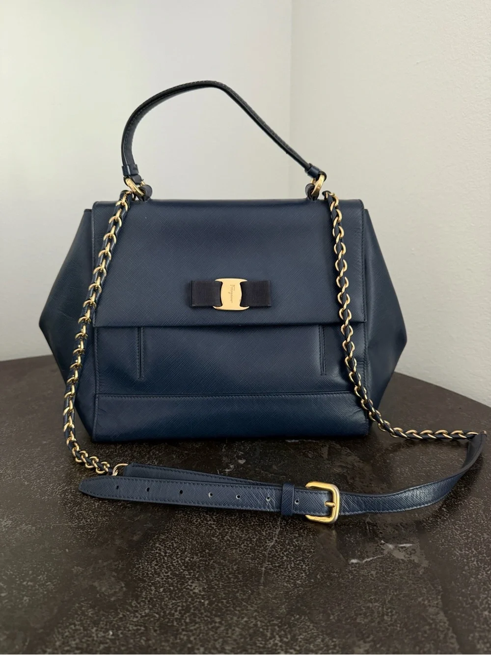 Salvatore Ferragamo Navy Saffiano Leather Vara Shoulder Bag with Gold Hardware - Picture 1 of 16